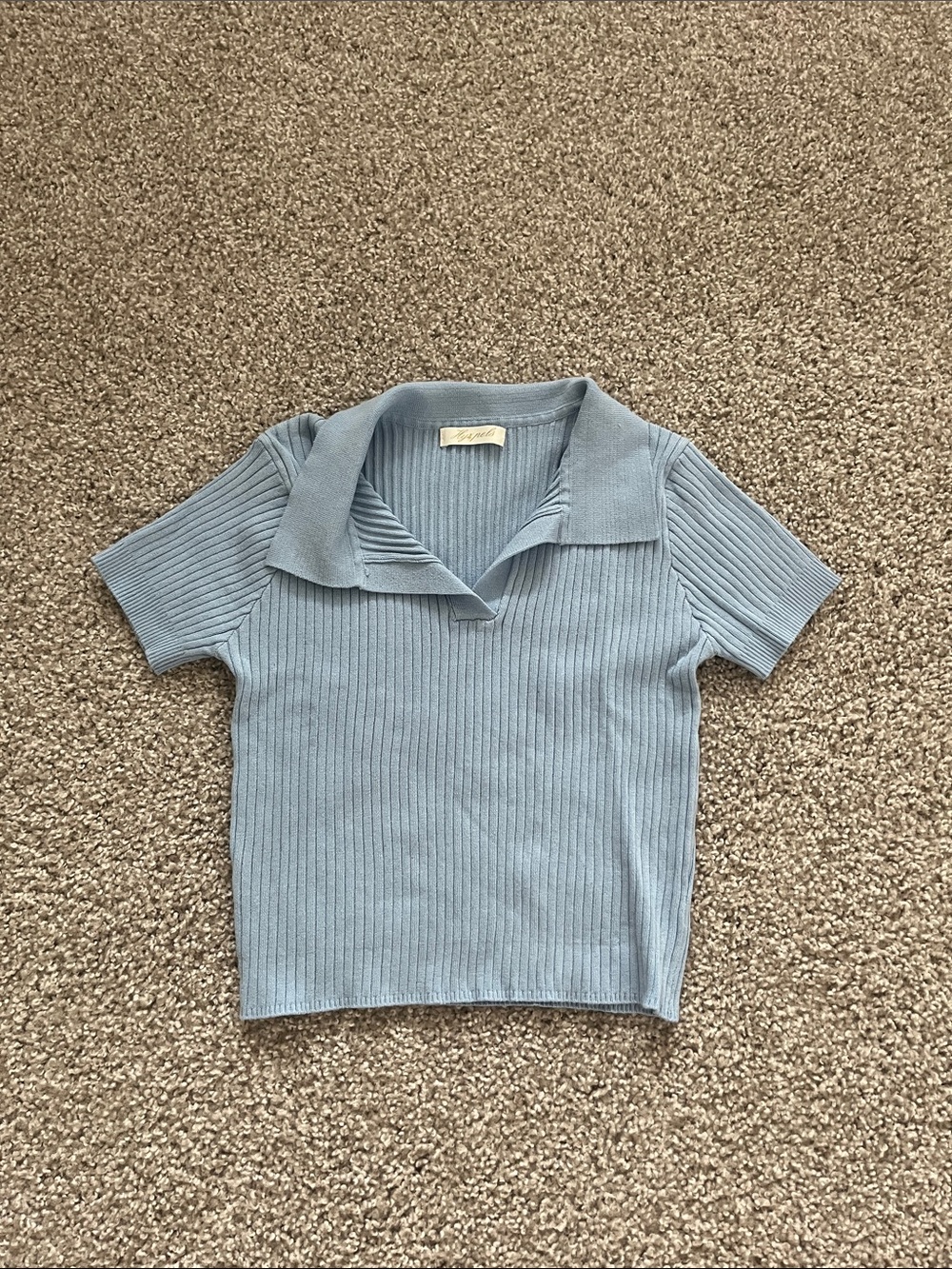 Hypels Light Blue Ribbed Collared Short Sleeve Top Size Small
